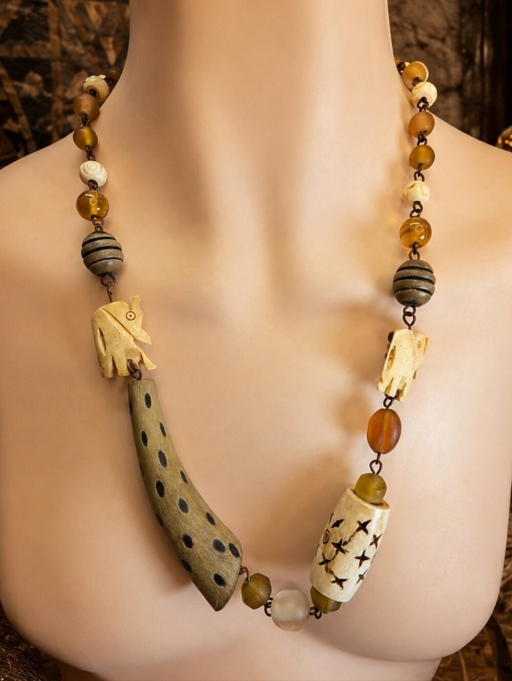Artisan Bone & Horn Elephant Statement Necklace Boho Tribal